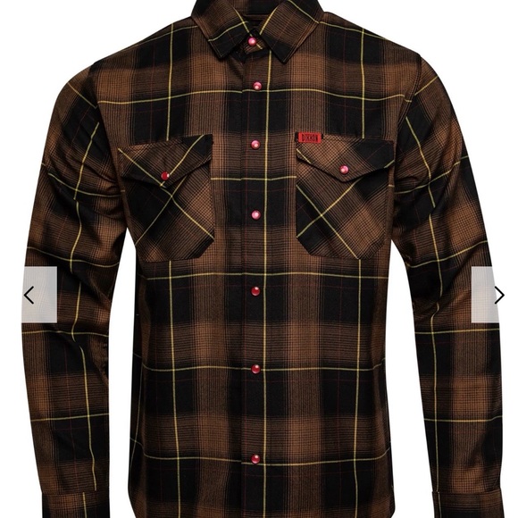 DIXXON Women's Flannel shirt - Brown and Black Plaid w/ Red Pearl Snap closure - Picture 5 of 5